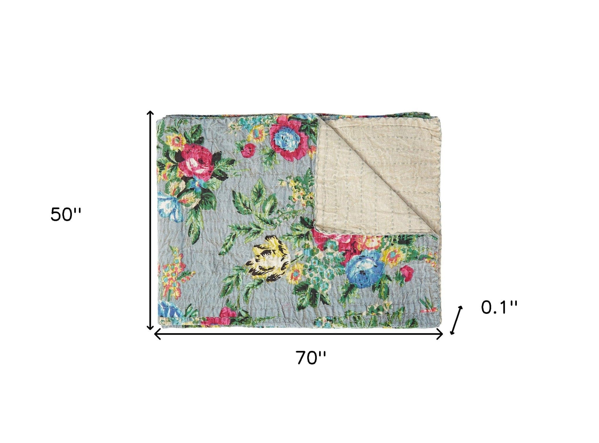 50" X 70" Pink Gray and Blue Kantha Cotton Floral Throw Blanket with Embroidery - Homeroots - Flyclothing LLC