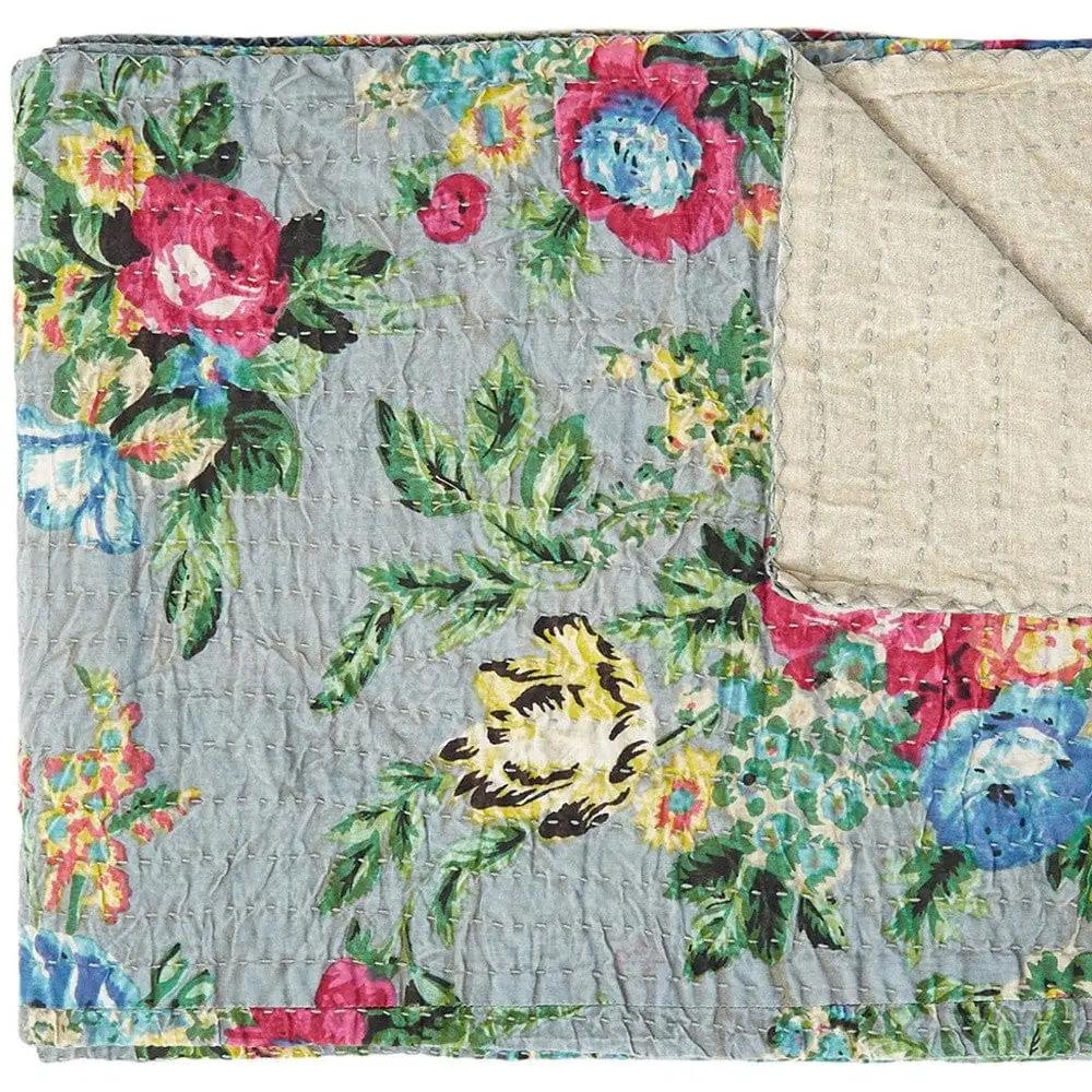 50" X 70" Pink Gray and Blue Kantha Cotton Floral Throw Blanket with Embroidery - Homeroots - Flyclothing LLC