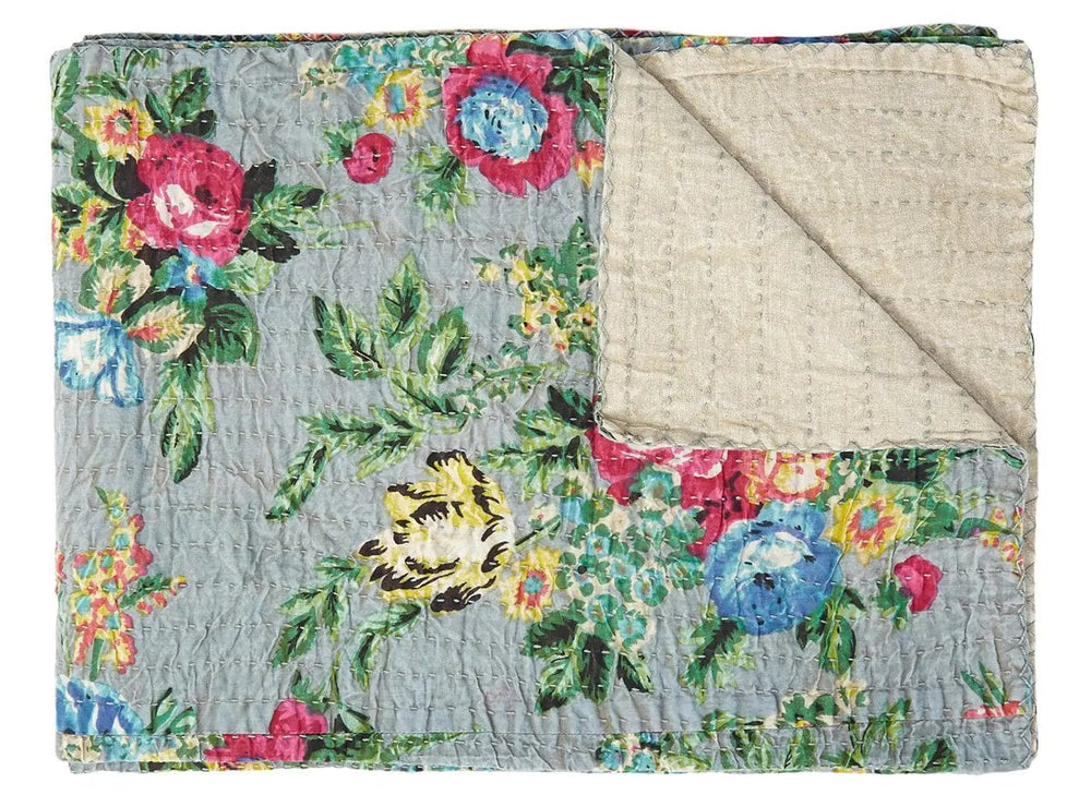 50" X 70" Pink Gray and Blue Kantha Cotton Floral Throw Blanket with Embroidery - Homeroots