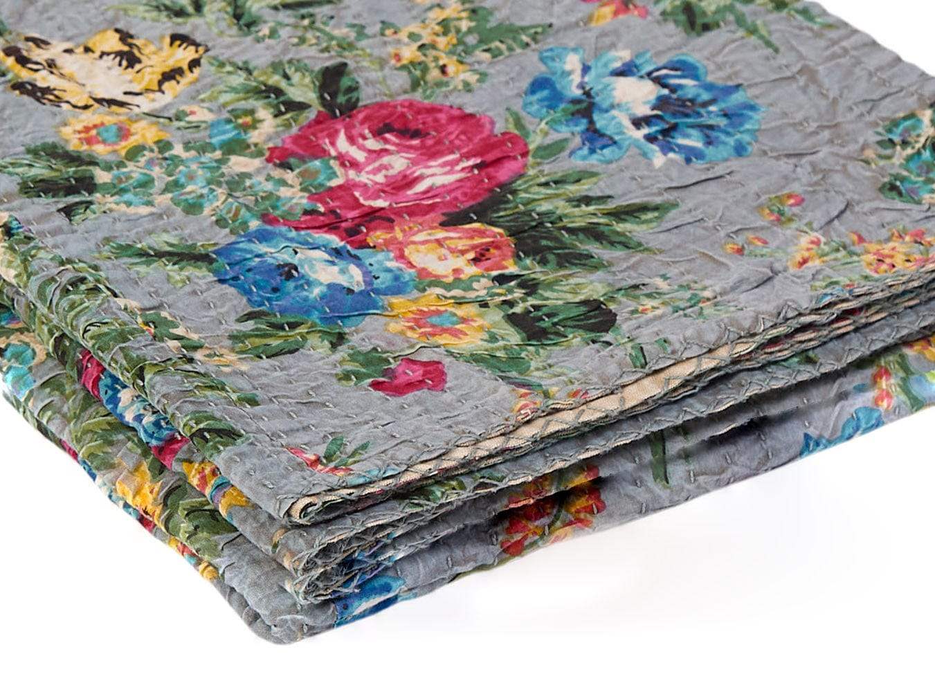 50" X 70" Pink Gray and Blue Kantha Cotton Floral Throw Blanket with Embroidery - Homeroots - Flyclothing LLC