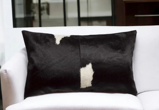 12" X 20" Black and White Cowhide Throw Pillow - Homeroots