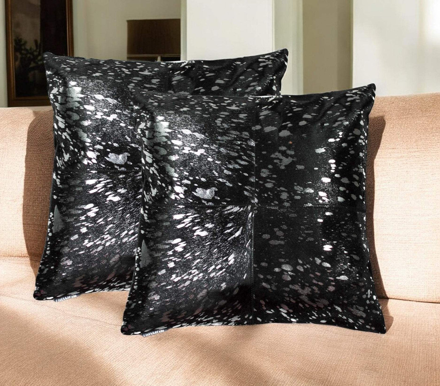 Set of Two 18" Black and Silver Cowhide Throw Pillow - Homeroots - Flyclothing LLC