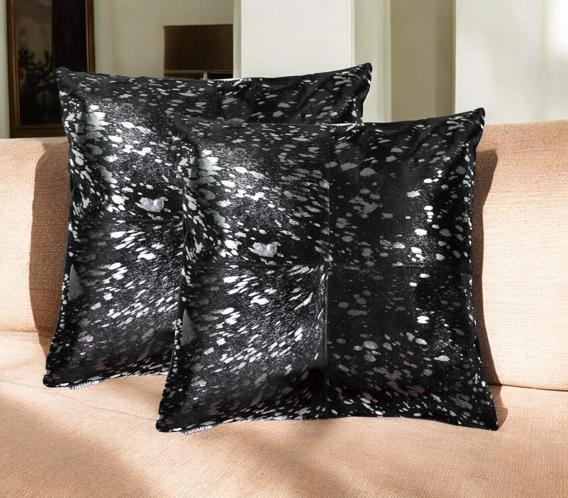 Set of Two 18" Black and Silver Cowhide Throw Pillow - Homeroots - Flyclothing LLC