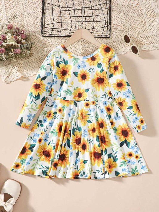 Kids Sunflower Print Round Neck Long Sleeve Dress - Trendsi - Flyclothing LLC