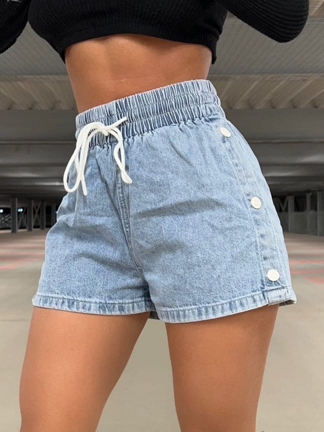 Drawstring High Waist Denim Shorts - Trendsi