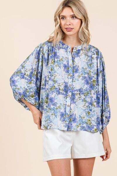 Mittoshop Flower Print Batwing Sleeve Button Down Blouse - Trendsi - Flyclothing LLC