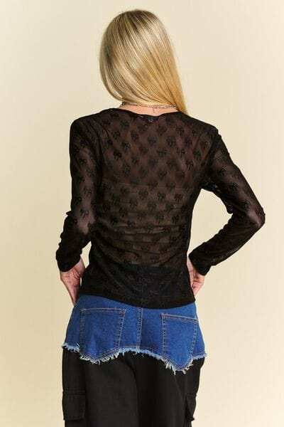 Davi & Dani Bow Mesh Round Neck Long Sleeve Top - Trendsi - Flyclothing LLC