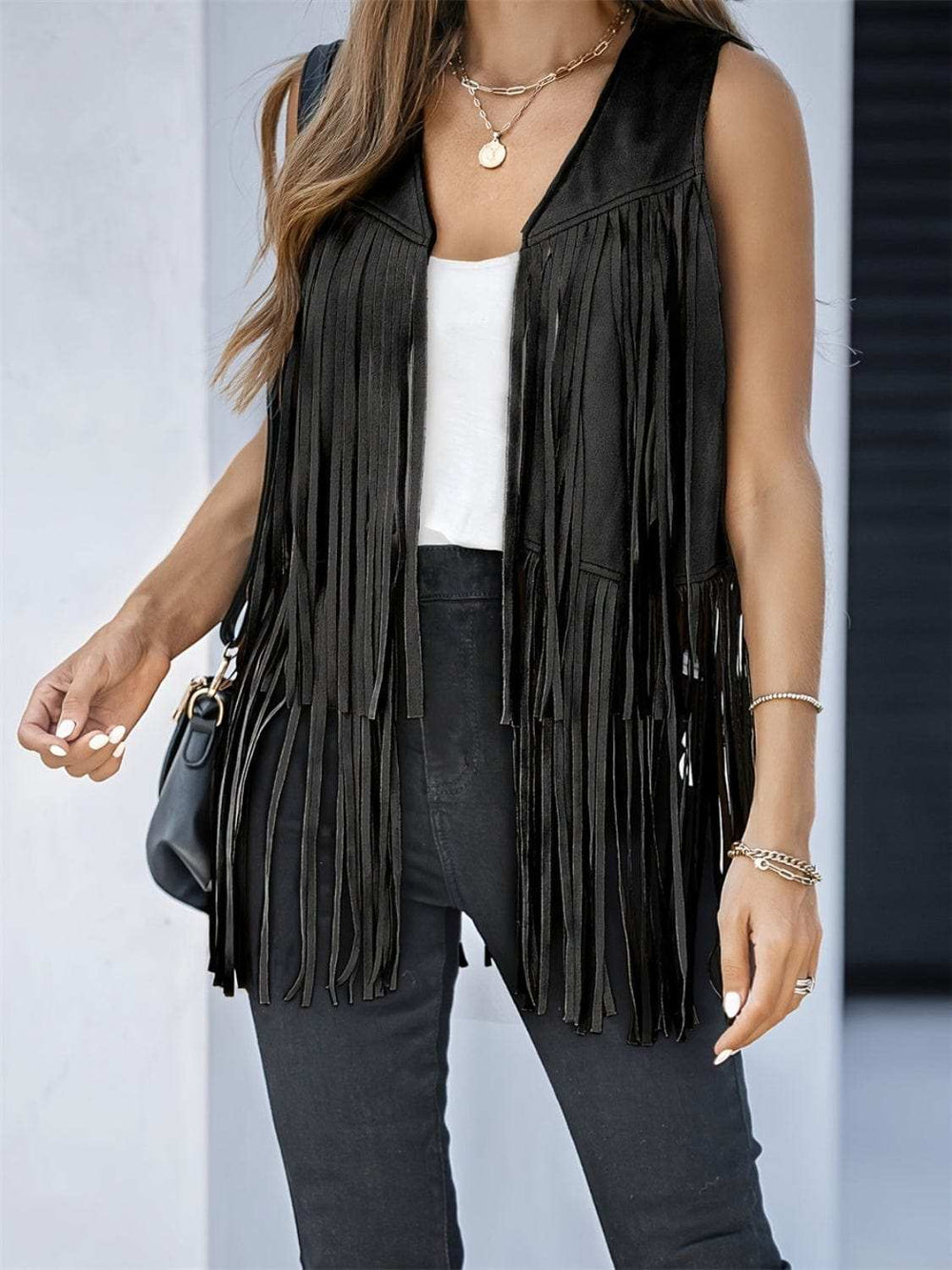 Fringe Open Front Vest Coat - Trendsi - Flyclothing LLC