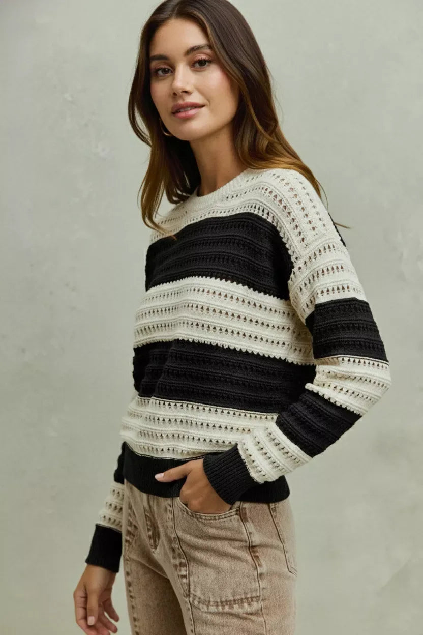 SO ME Openwork Round Neck Wide Stripe Textured Sweater - Trendsi - Flyclothing LLC