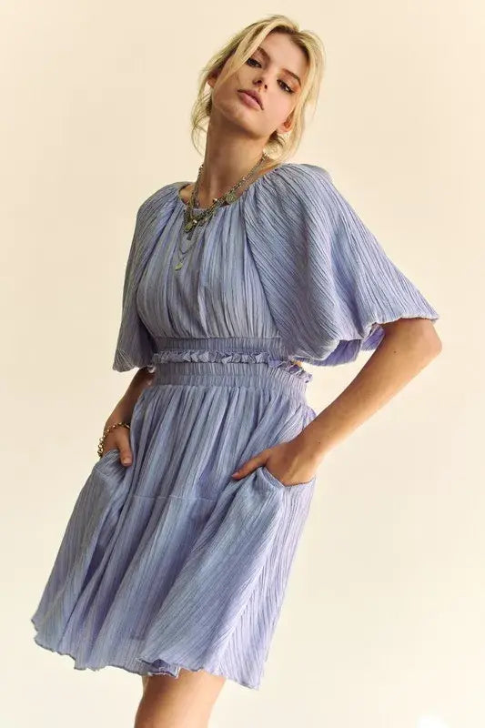 Davi & Dani Back Button Puff Sleeve Mini Dress - Trendsi - Flyclothing LLC
