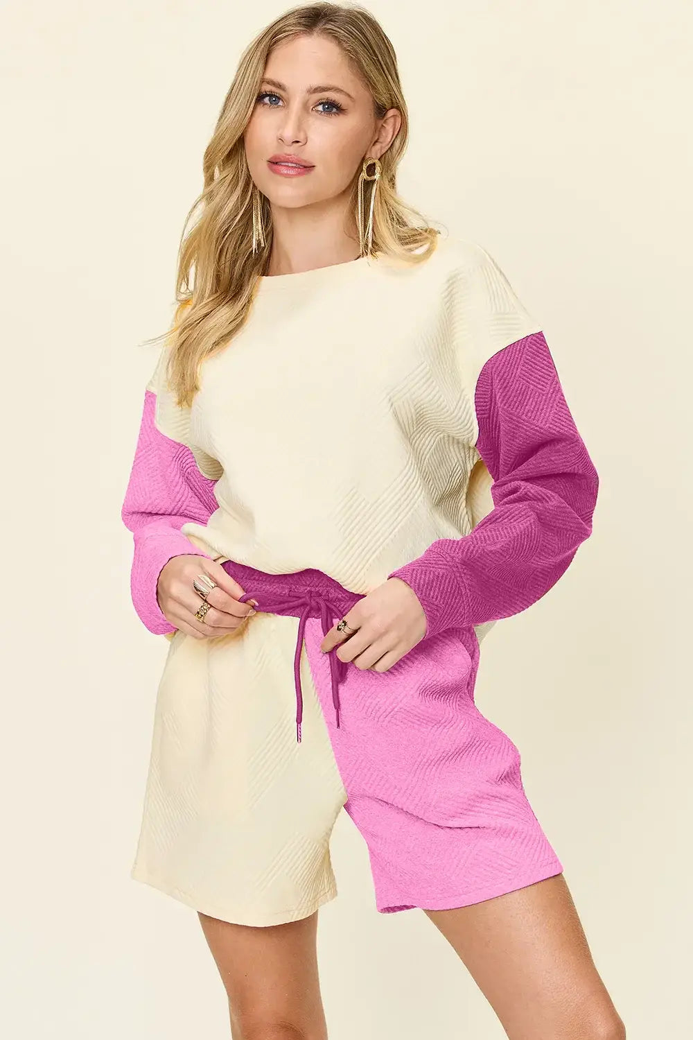 Double Take Full Size Contrast Drop Shoulder Top and Shorts Set - Trendsi - Flyclothing LLC