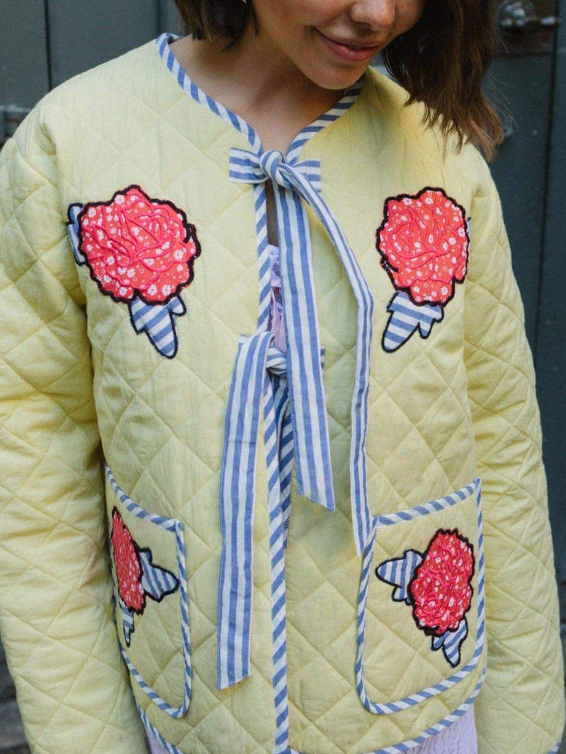 Embroidered Flower Tied Long Sleeve Winter Coat - Trendsi - Flyclothing LLC
