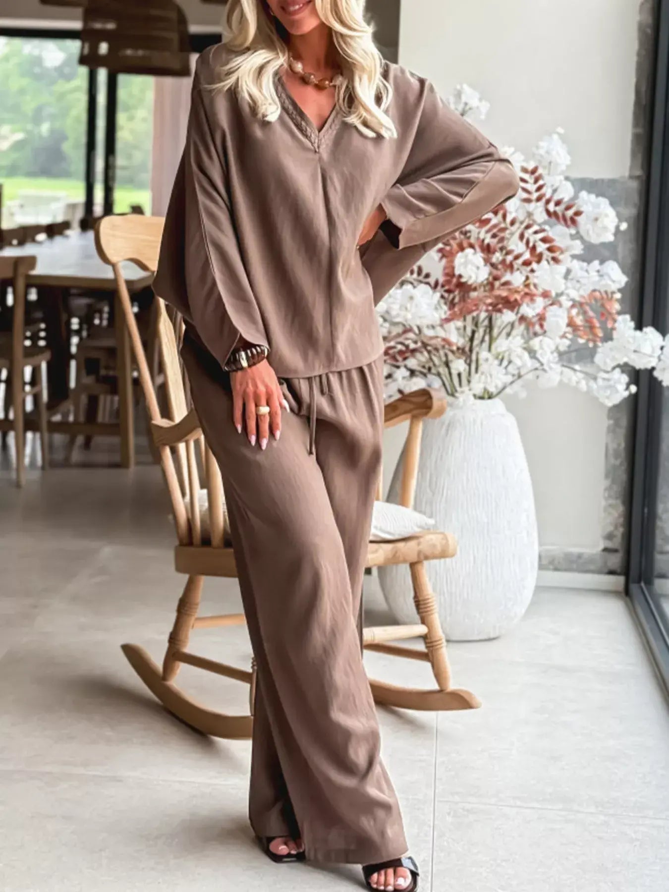 Braided V Neck Long Sleeve Loose Top and Drawstring High Waist Pants 2pcs Outfit - Trendsi - Flyclothing LLC
