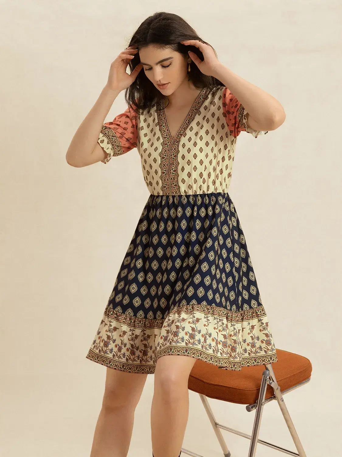 Printed V-Neck Short Sleeve Dress - Trendsi - Flyclothing LLC