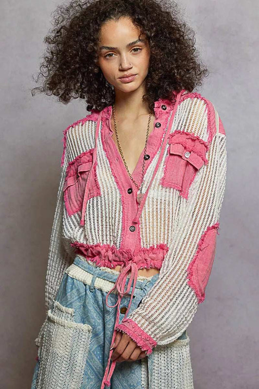 POL Texture Woven Button Down Hooded Shirt with Drawstring Hem - Trendsi - Flyclothing LLC