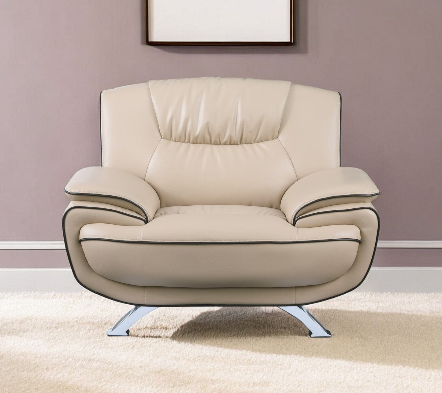 47" Beige And Silver Leather Match Arm Chair - Homeroots - Flyclothing LLC