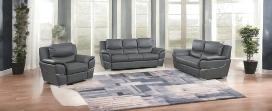 Three Piece Indoor Gray Genuine Leather Six Person Seating Set