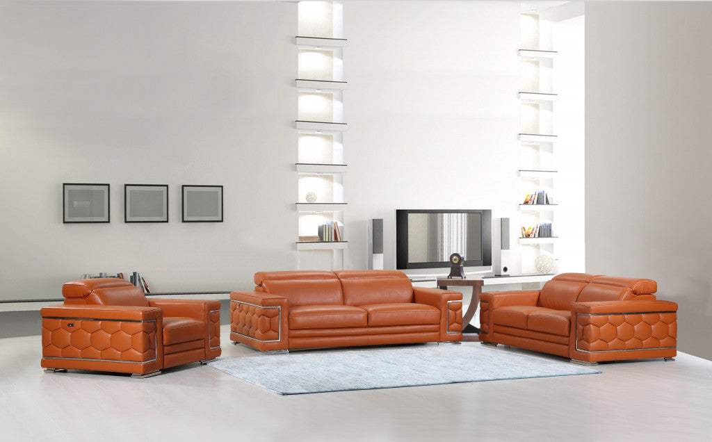 Three Piece Indoor Camel Italian Leather Six Person Seating Set - Homeroots - Flyclothing LLC