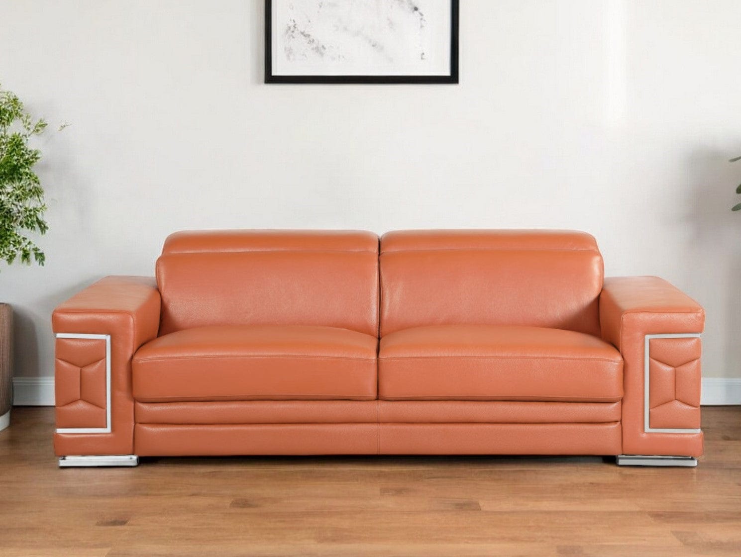 89" Camel Italian Leather Sofa With Silver Legs - Homeroots - Flyclothing LLC