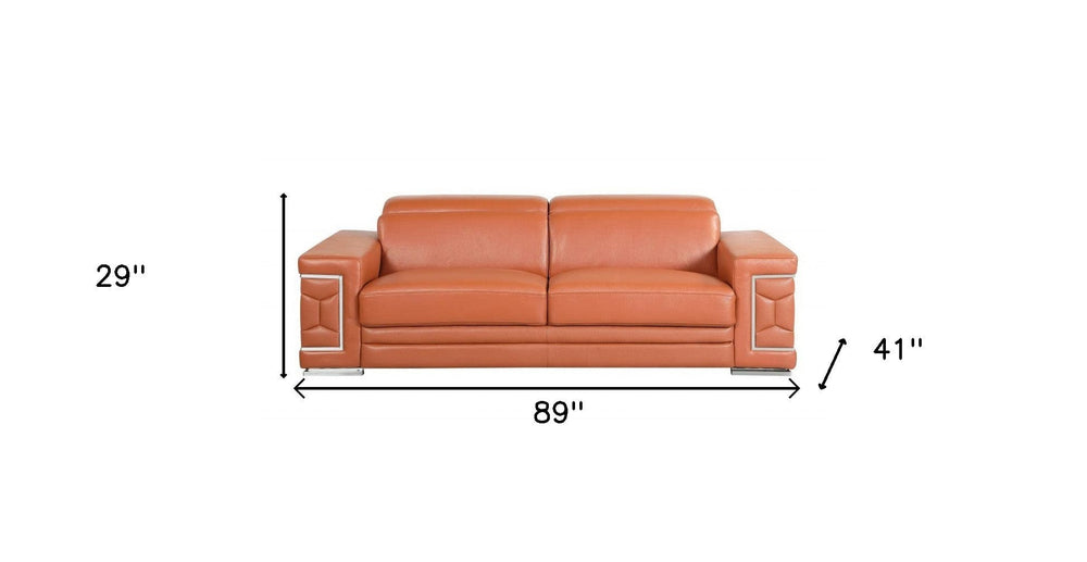 89" Camel Italian Leather Sofa With Silver Legs - Homeroots - Flyclothing LLC