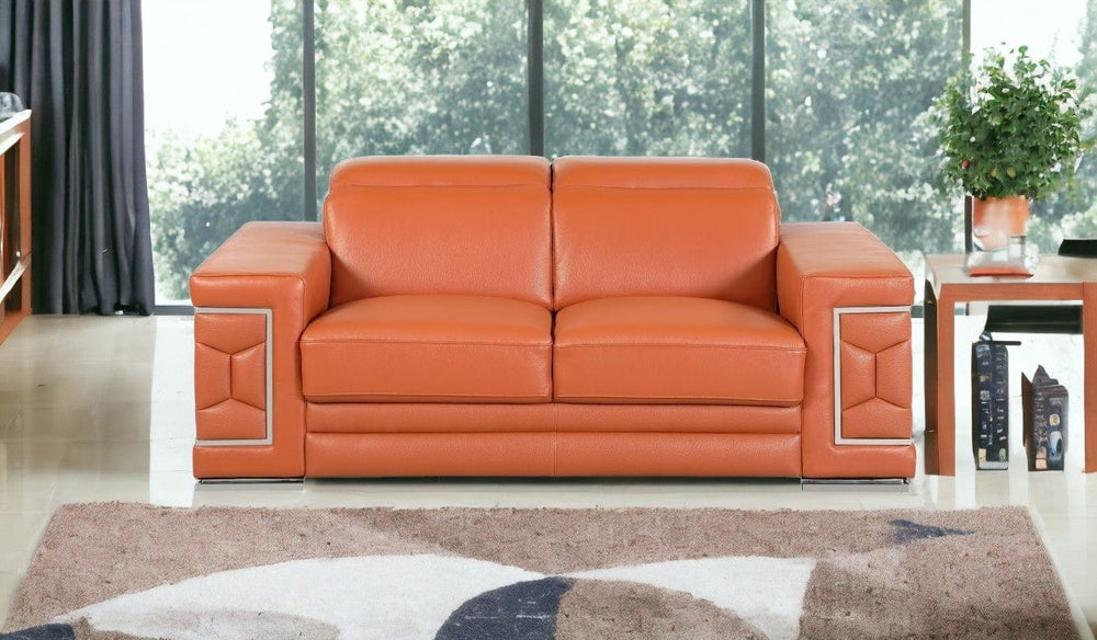 71" Camel And Silver Genuine Leather Love Seat - Homeroots