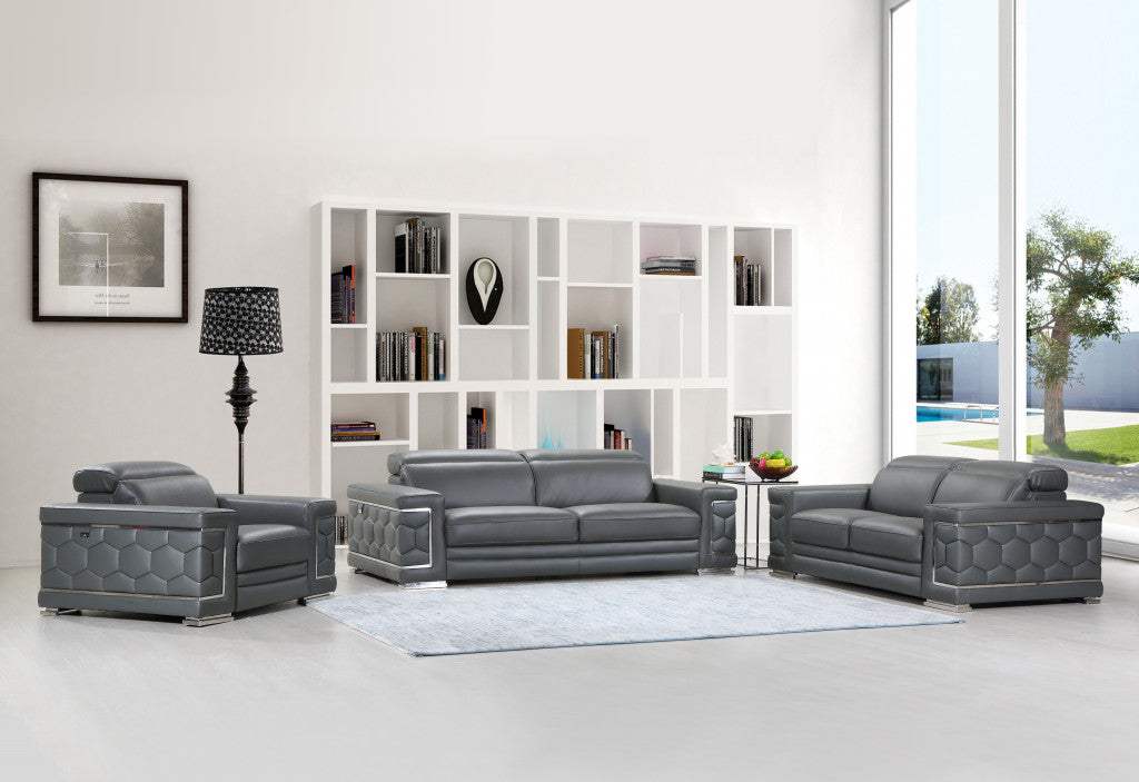 Three Piece Indoor Dark Gray Italian Leather Six Person Seating Set - Homeroots - Flyclothing LLC