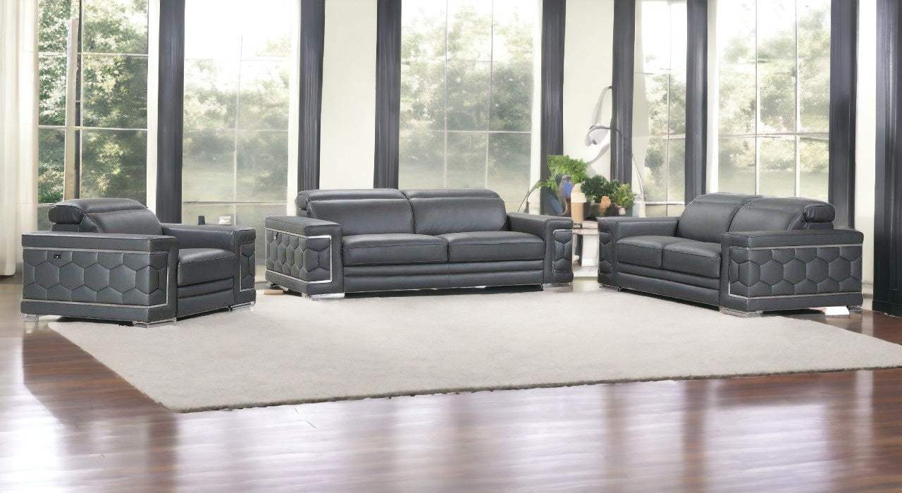 Three Piece Indoor Dark Gray Italian Leather Six Person Seating Set - Homeroots - Flyclothing LLC
