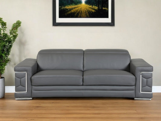 89" Dark Gray Italian Leather Sofa With Silver Legs - Homeroots