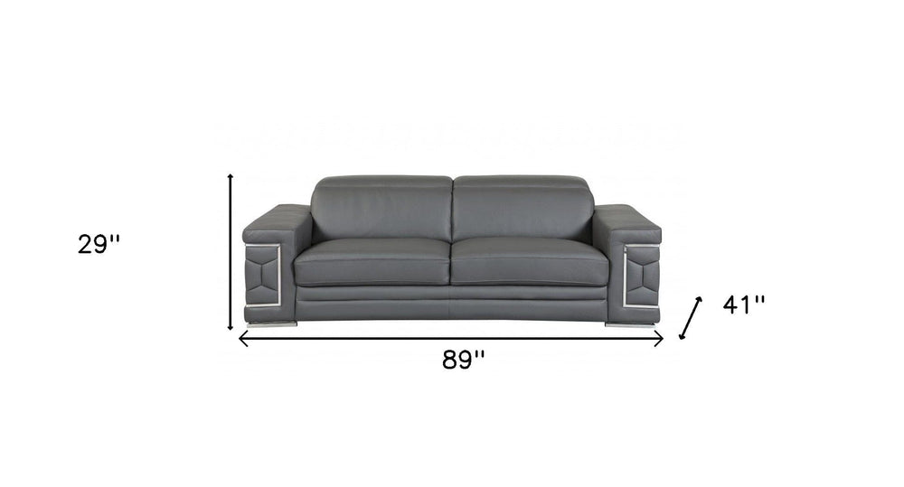 89" Dark Gray Italian Leather Sofa With Silver Legs - Homeroots - Flyclothing LLC