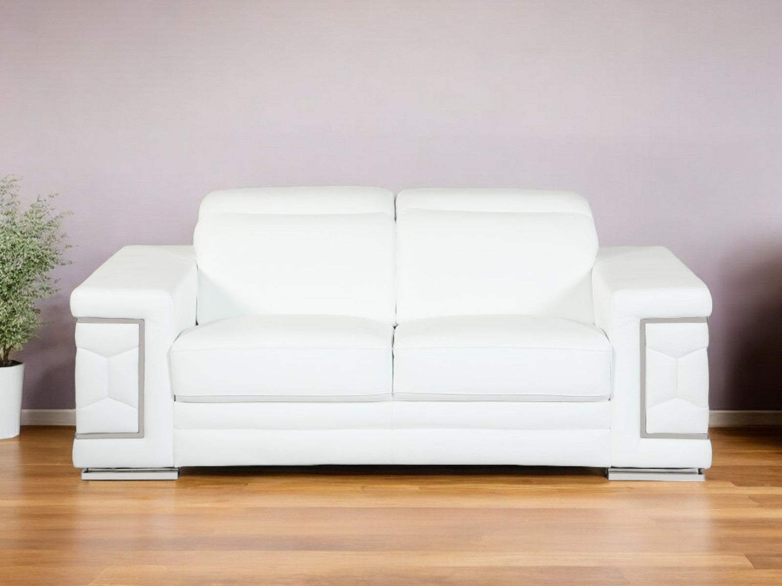 71" White Italian Leather Sofa With Silver Legs - Homeroots - Flyclothing LLC