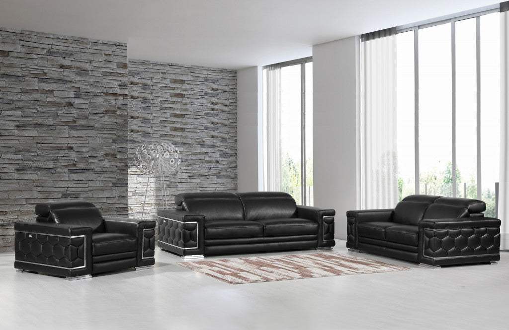 Three Piece Indoor Black Italian Leather Six Person Seating Set - Homeroots - Flyclothing LLC
