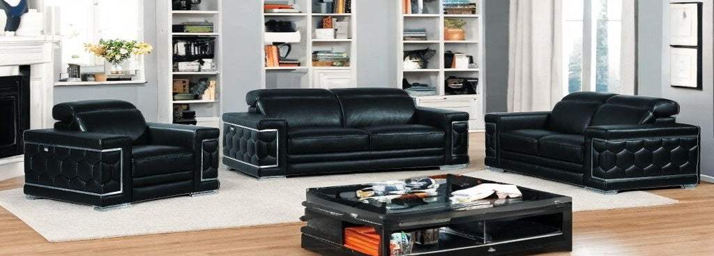 Three Piece Indoor Black Italian Leather Six Person Seating Set - Homeroots - Flyclothing LLC