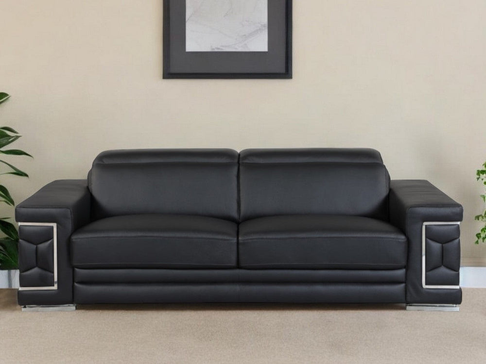 89" Black Italian Leather Sofa With Silver Legs - Homeroots - Flyclothing LLC