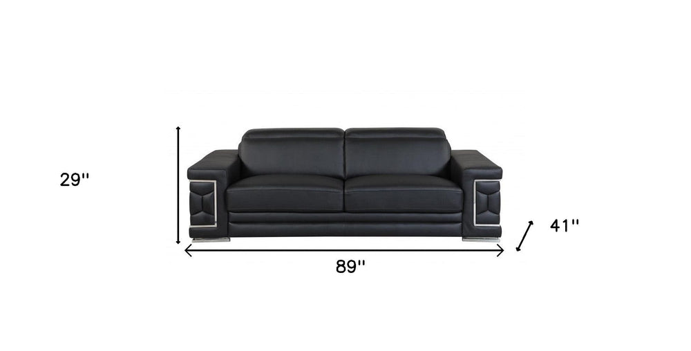 89" Black Italian Leather Sofa With Silver Legs - Homeroots - Flyclothing LLC