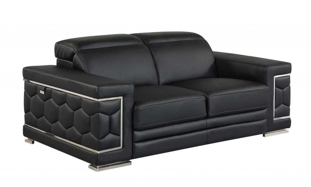 71" Black And Silver Genuine Leather Love Seat - Homeroots - Flyclothing LLC
