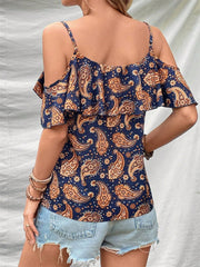 Ruffled Printed V-Neck Blouse - Trendsi