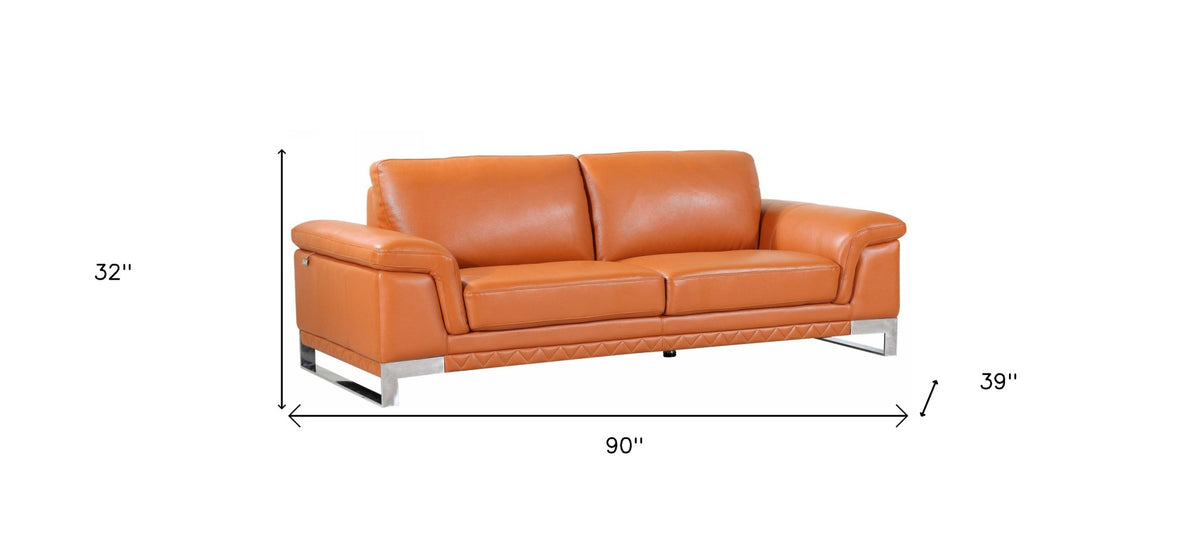 90" Orange Italian Leather Sofa With Silver Legs - Homeroots - Flyclothing LLC