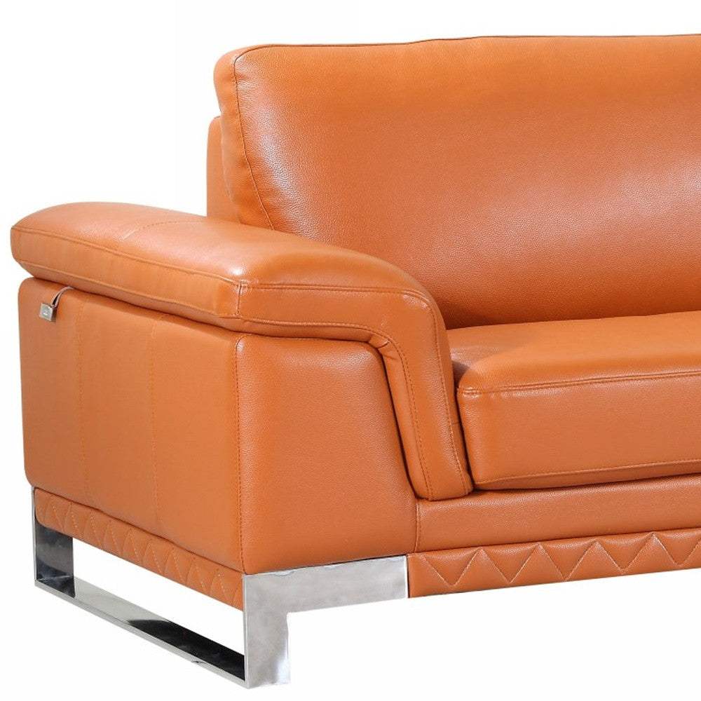 90" Orange Italian Leather Sofa With Silver Legs - Homeroots - Flyclothing LLC