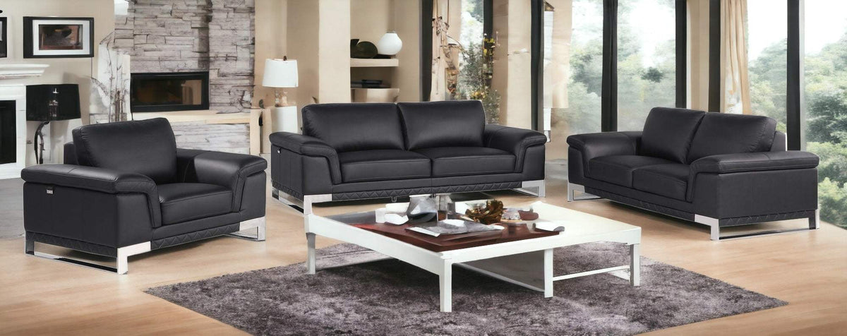 Three Piece Indoor Black Italian Leather Six Person Seating Set - Homeroots - Flyclothing LLC