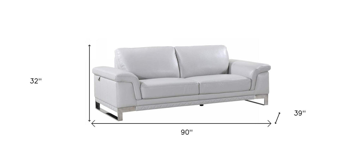 90" Light Gray Italian Leather Sofa With Silver Legs - Homeroots - Flyclothing LLC