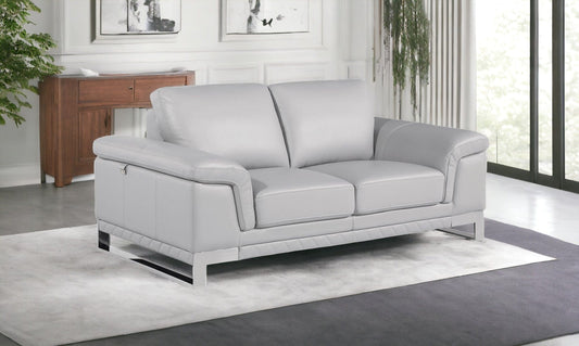 73" Light Gray And Silver Genuine Leather Loveseat - Homeroots