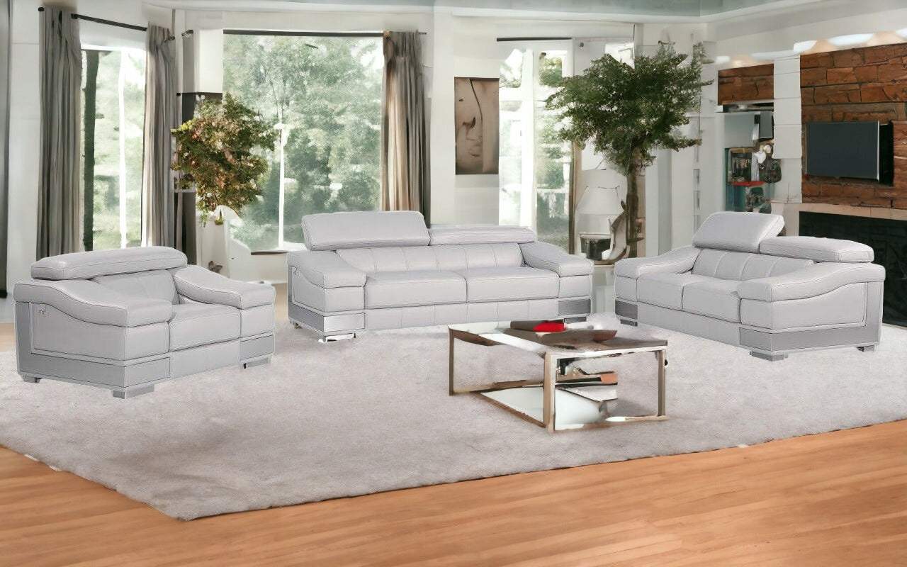 Three Piece Indoor Light Gray Italian Leather Six Person Seating Set - Homeroots - Flyclothing LLC