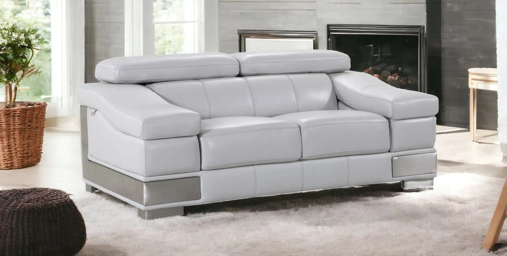 73" Light Gray And Silver Genuine Leather Love Seat - Homeroots - Flyclothing LLC