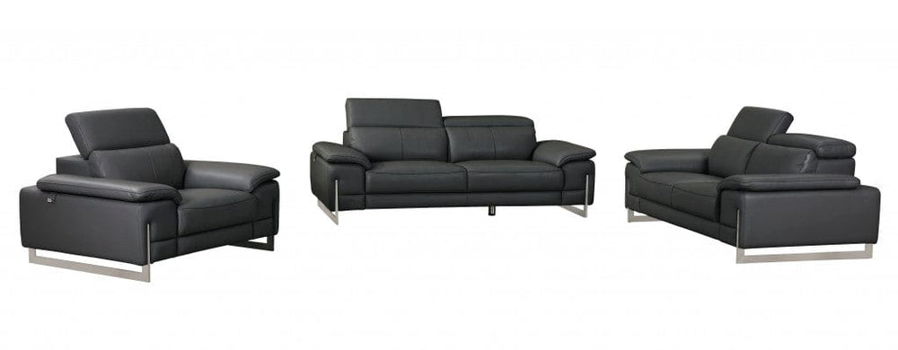 Three Piece Indoor Dark Gray Italian Leather Six Person Seating Set - Homeroots