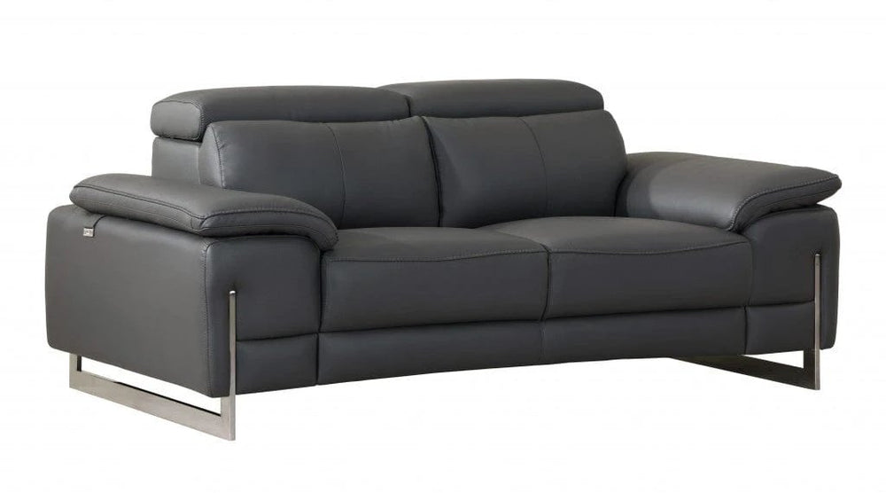 71" Dark Gray And Silver Genuine Leather Loveseat - Homeroots - Flyclothing LLC