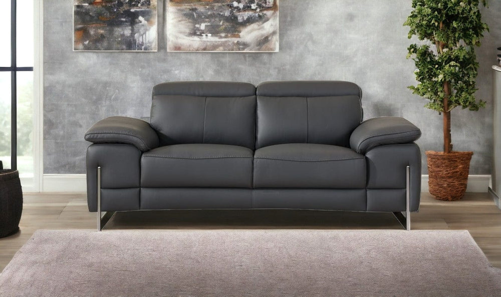 71" Dark Gray And Silver Genuine Leather Loveseat - Homeroots - Flyclothing LLC