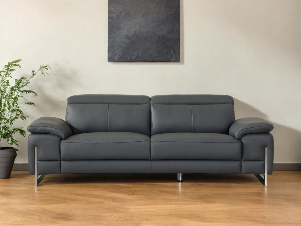 87" Dark Gray Italian Leather Sofa With Silver Legs - Homeroots