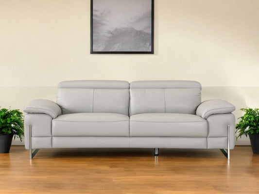 87" Light Gray Italian Leather Sofa With Silver Legs - Homeroots