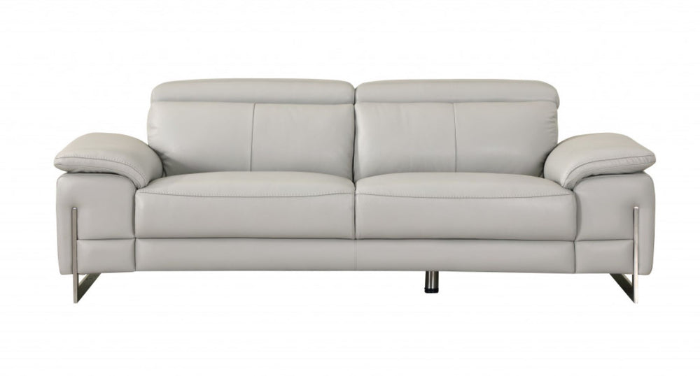 87" Light Gray Italian Leather Sofa With Silver Legs - Homeroots - Flyclothing LLC