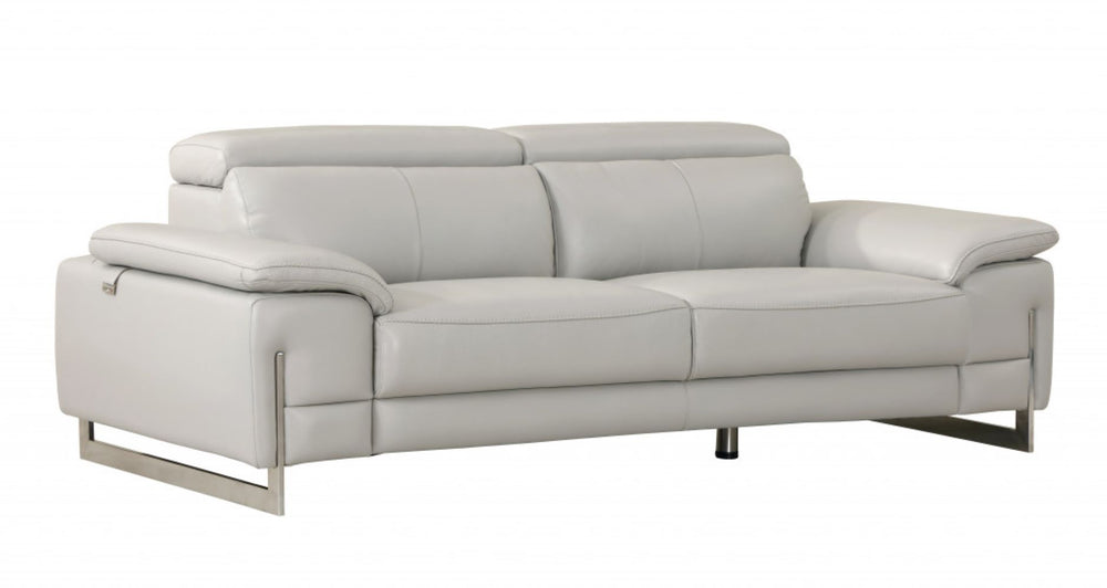87" Light Gray Italian Leather Sofa With Silver Legs - Homeroots - Flyclothing LLC